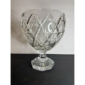 Heavy Cut Crystal Pedestal Bowl 10" Footed Centerpiece Star Cut Design Vintage